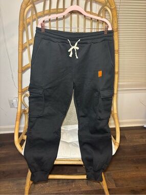 Black Cargo Joggers with Drawstring and Orange Patch